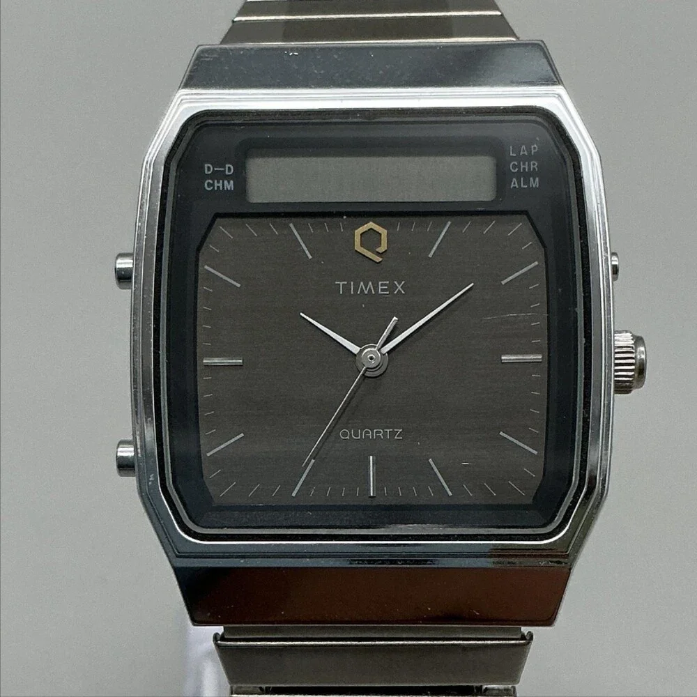 Vintage Timex Mens Watch 30mm Gray Stainless Analog LCD For Parts Not Running